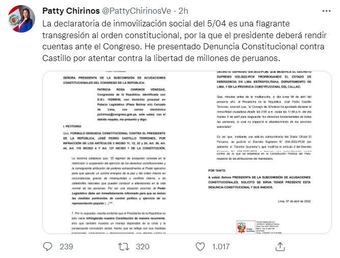 Patricia Chirinos denuncia constitucionalmente a Pedro Castillo por toque de queda del 5 de abril